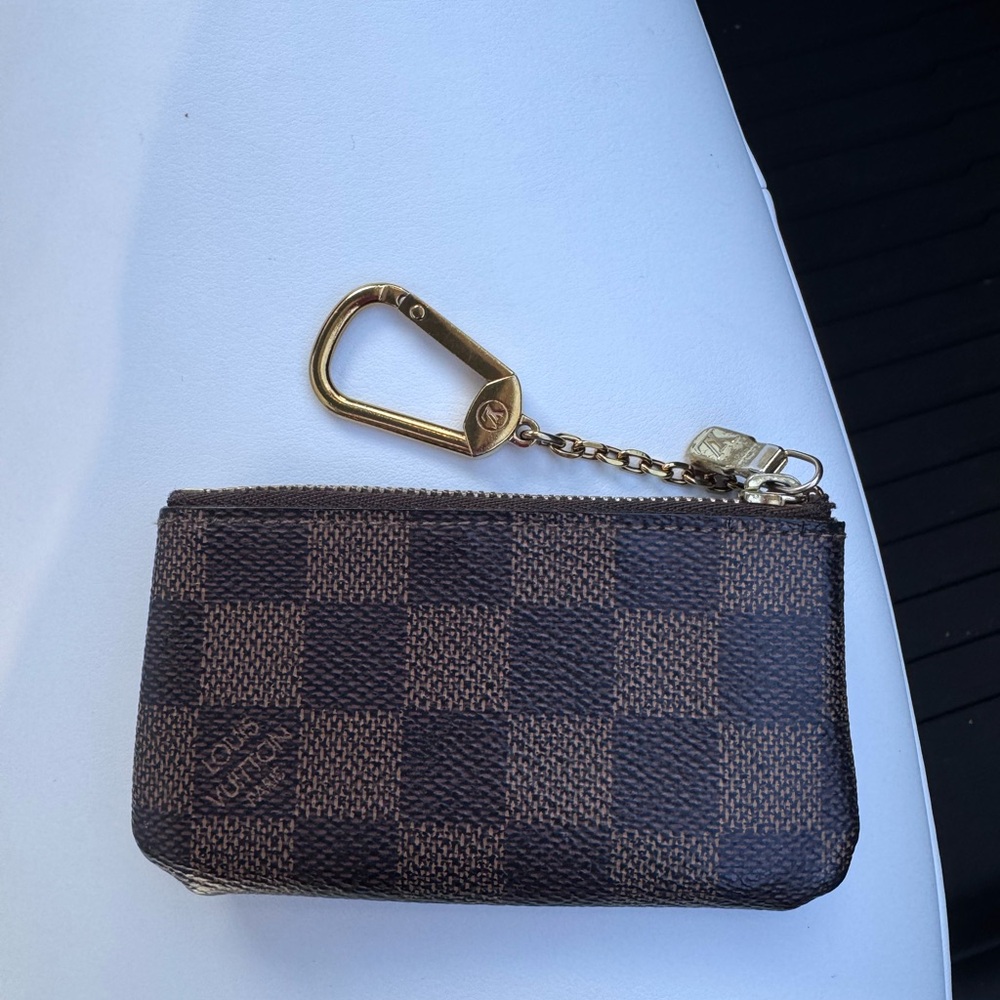 Louis Vuitton Brown Checkered Key Pouch with Gold Accents